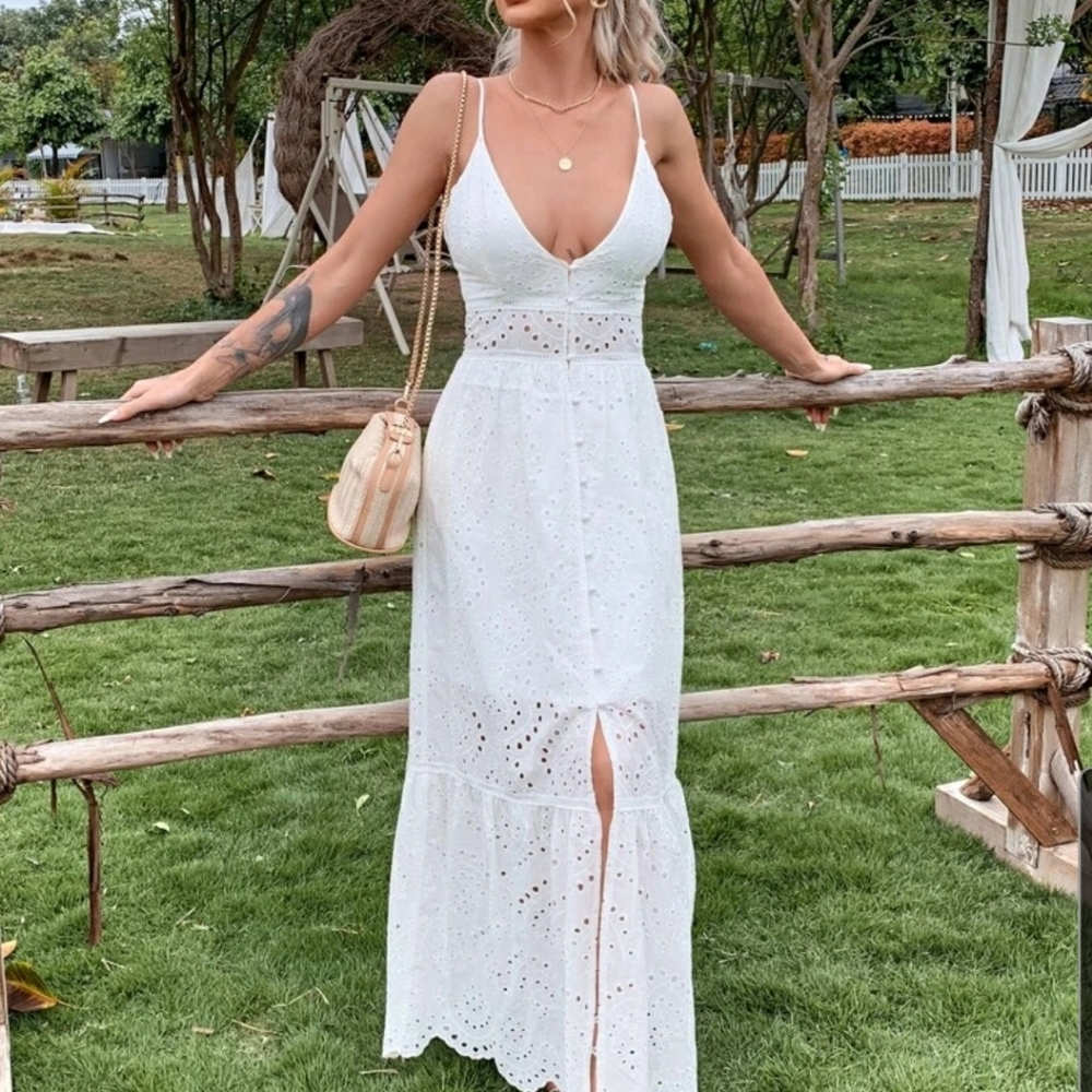 Will Bazar Button Front Ruffle Hem Schiffy Center Slit Maxi Dress